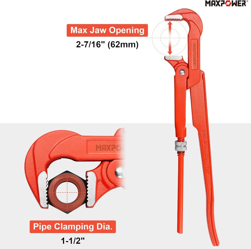 Max Power 15 inch Swedish Pipe Wrench, 90 Degree Angled - Image 2
